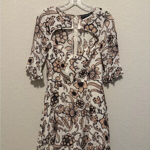 Floral Cutout Midi Dress in Cream and Beige